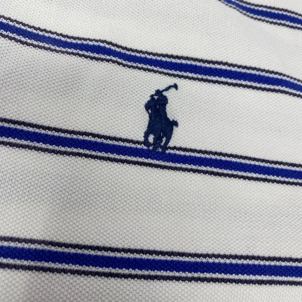 Polo Ralph‎ Lauren Large White Blue Striped Short Sleeve Cotton Polo Shirt